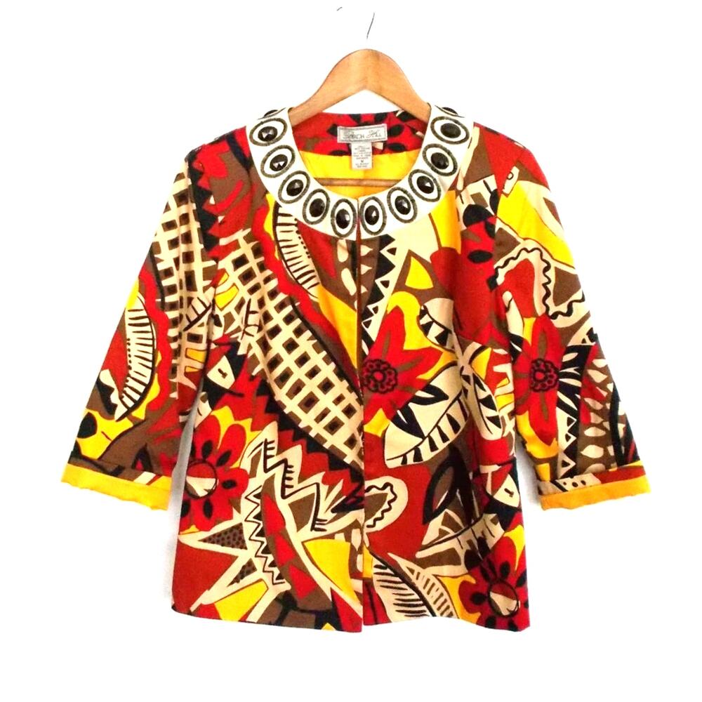 Birch Hill Red & Yellow Tribal Abstract Print Jeweled Blazer Sz Medium